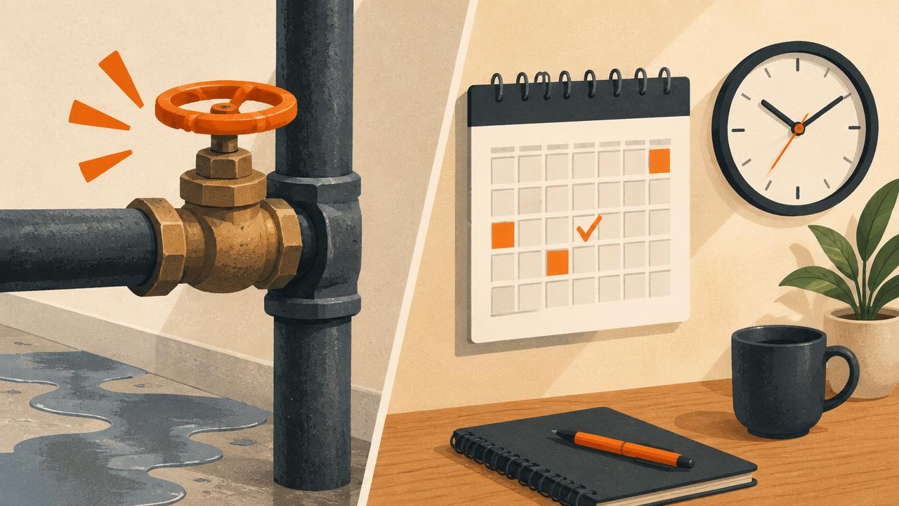 Split illustration of a water shut-off valve and a wall calendar with a clock.