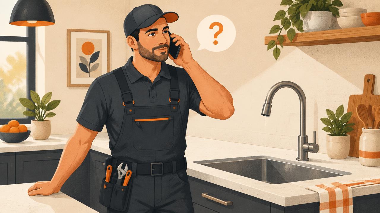Illustration of a plumber answering a homeowner's question over the phone in a kitchen.