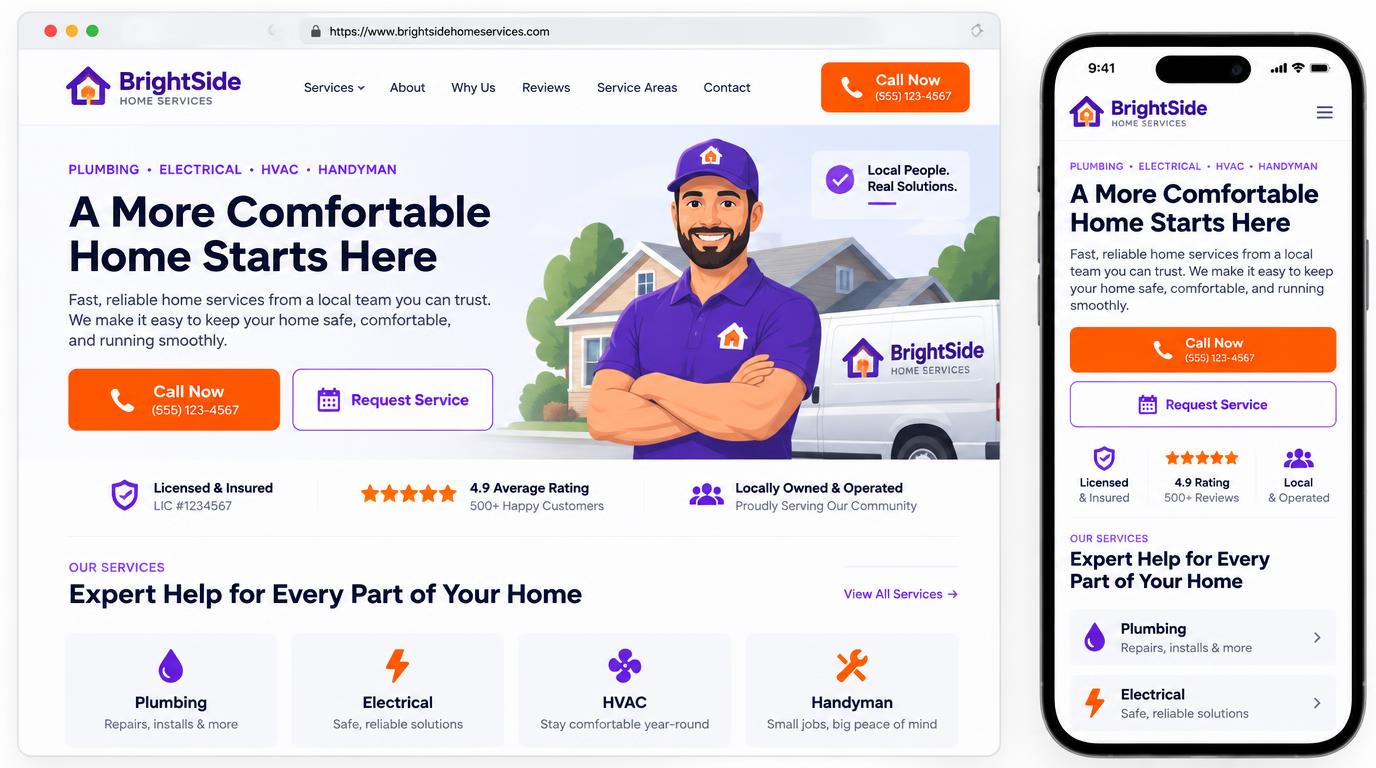 Desktop and mobile examples of a conversion-focused home-service website.