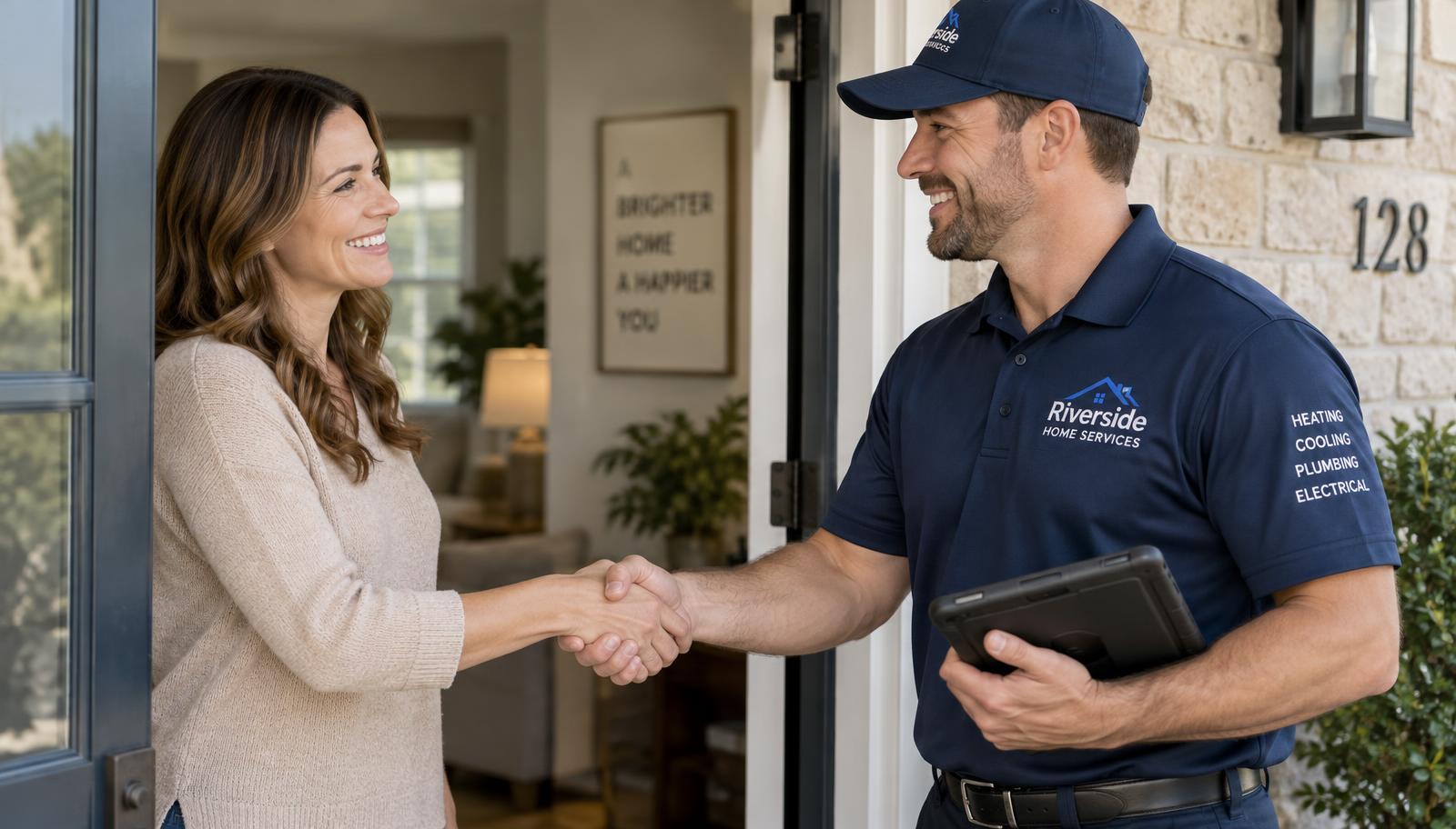 A home-service customer looking at a phone with a five-star Google review screen; avoid showing fabricated company names or ratings.